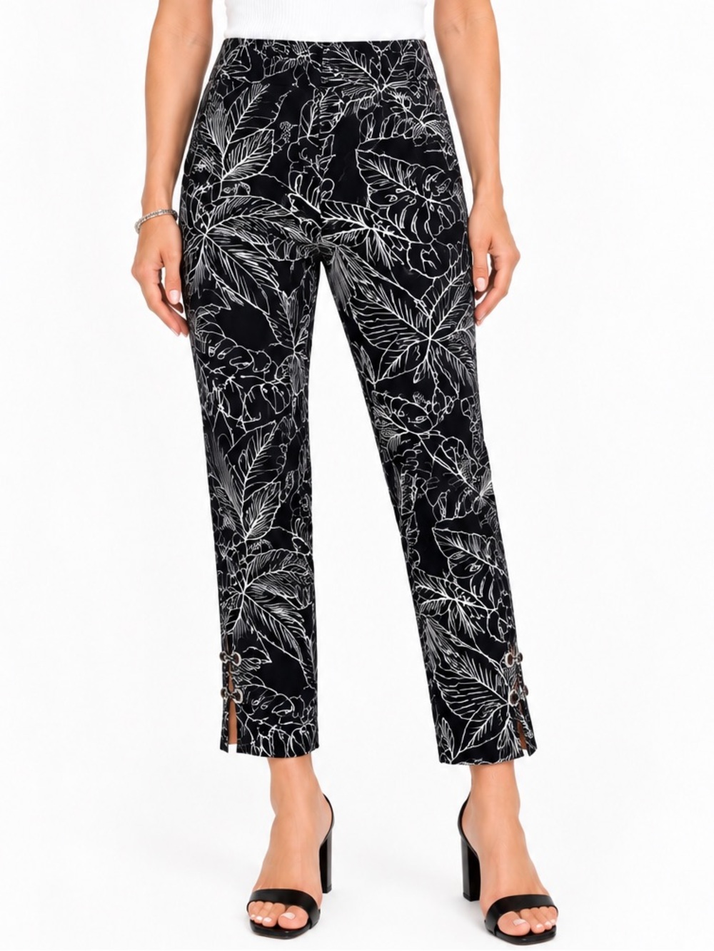 Joseph Ribkoff Black White Tropical Botanical Print Stretch Ankle Pants Size 10